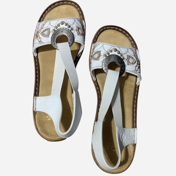 Rieker Shoes - Rieker White Leather Boho Sandals - Western Medallion Slides - Sz 41